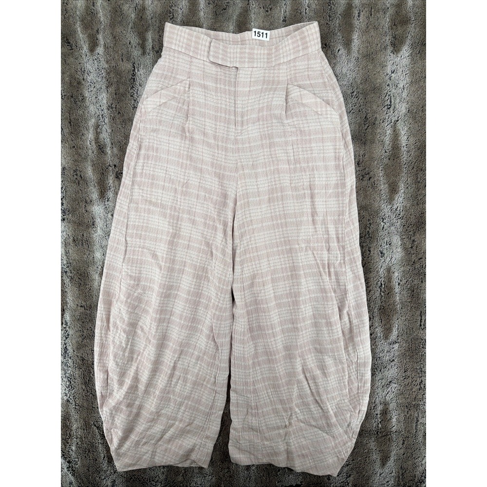 Free People Tegan Barrel Leg Trousers Light Pink Plaid - Cotton - Size 2